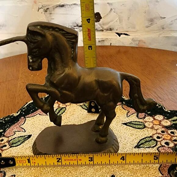 Elegant Brass Unicorn Figurine - Mid-Century Prancing Horse Art Piece on Stand - Picture 7 of 7
